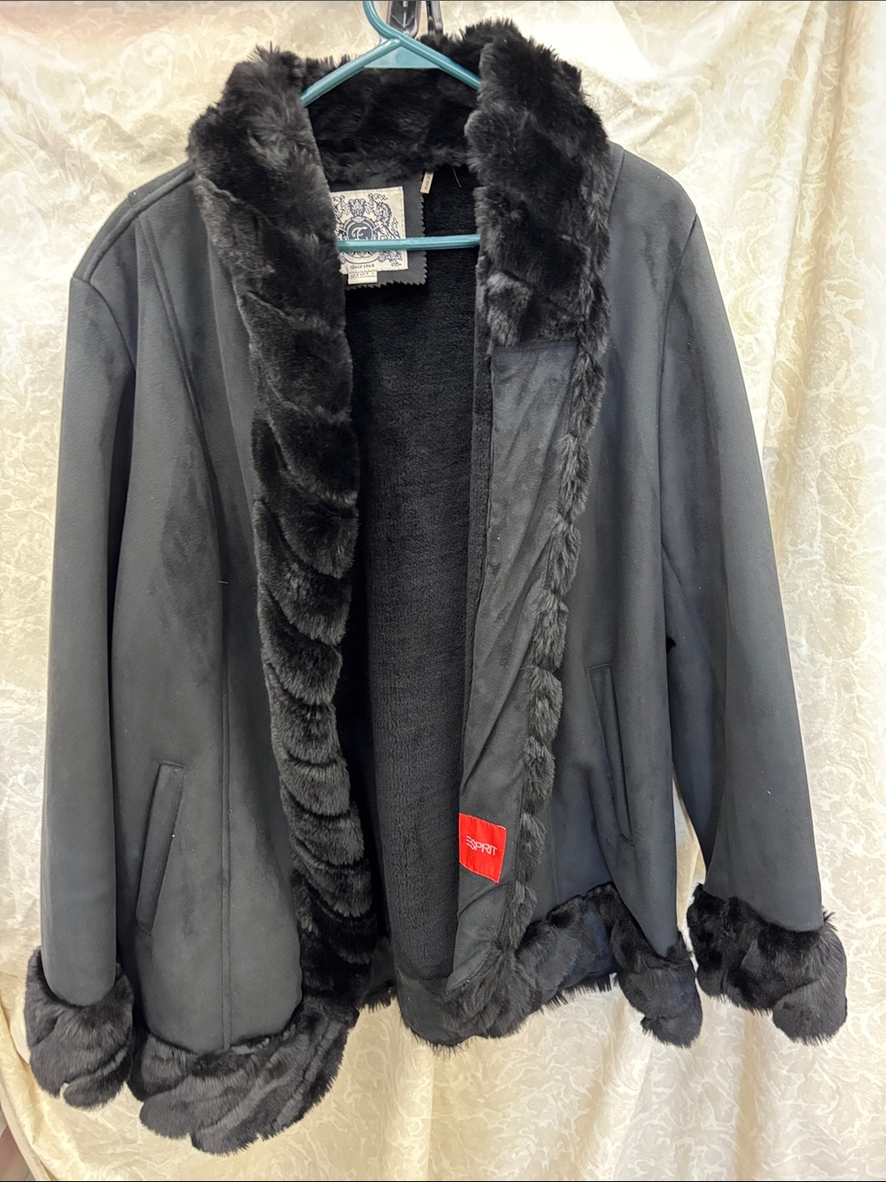 Esprit Black Faux Fur-Trim Teddy Jacket